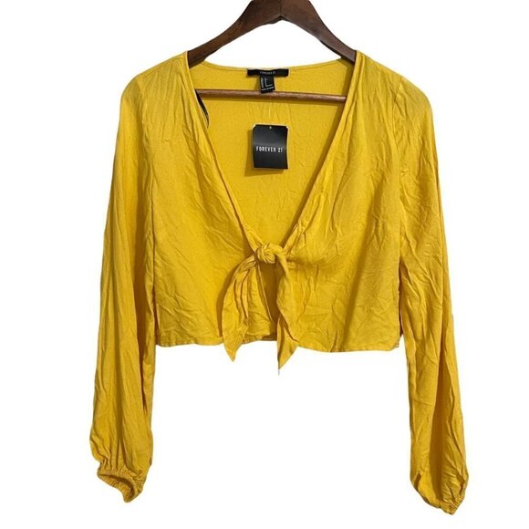 Forever 21 Women's NWT Mustard Peasant Sleeve Tie Front Y2K 90s Blouse Small - Picture 1 of 7